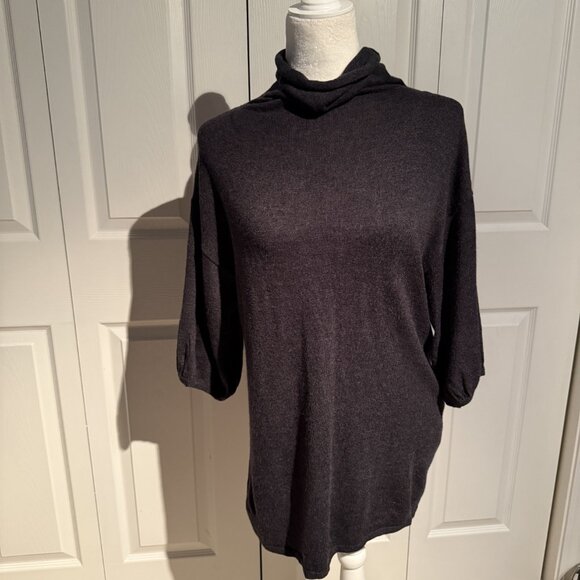 Ann Taylor Womens Sweater Medium Gray Turtleneck Puff Sleeve Tunic Lightweight - Picture 1 of 6